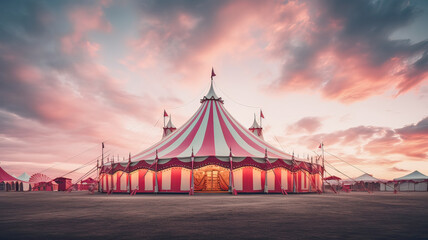 Whimsical scene, a pastel circus tent under a cloudy sky at twilight, a playful spectacle.