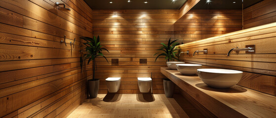 Luxurious wooden bathroom with sleek modern bowls and eco-friendly design elements