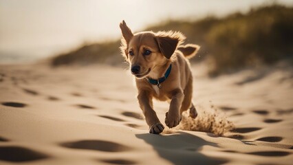dog on the beach An energetic puppy dog running along a sandy beach, with gentle waves lapping at its paws  
