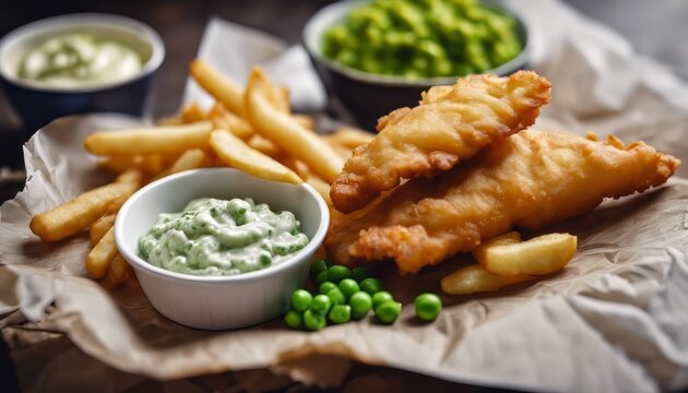 British Traditional Fish and chips with mashed peas, tartar sauce on crumpled paper.
