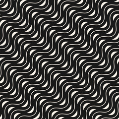 Vector abstract background with diagonal wavy lines. Simple geometric monochrome seamless pattern. Black and white texture with curved stripes, waves. Minimal repeated design for print, fabric, cover