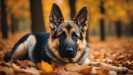german shepherd dog A sweet German Shepherd puppy with alert ears and kind eyes, lying on a soft plaid blanket,  