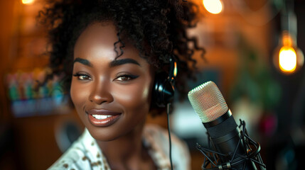 Radiant African American Female Radio Host in Studio Setting - obrazy, fototapety, plakaty