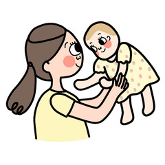 Happy mother holding up her baby girl. Young beautiful mother holds her baby and cuddles, motherhood concept