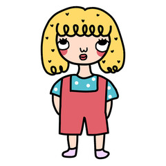 Serious thoughtful blonde young beautiful girl wears overalls and green t shirt looking up.