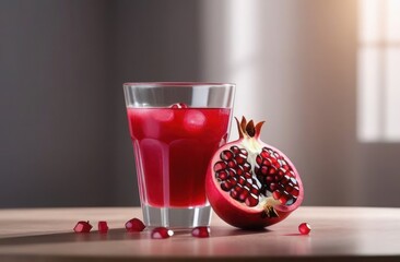 Pomegranate juice with fresh pomegranate fruits on wooden table