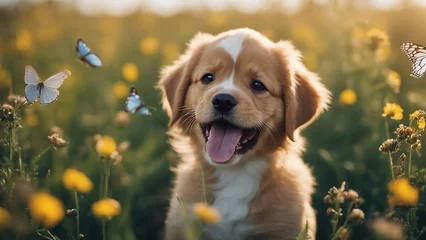 Fotobehang golden retriever puppy A cheerful Bordeaux puppy with a beaming smile, sitting in a meadow of wildflowers, with butterflies  © Jared