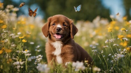 golden retriever puppy A cheerful Bordeaux puppy with a beaming smile, sitting in a meadow of wildflowers, with butterflies 