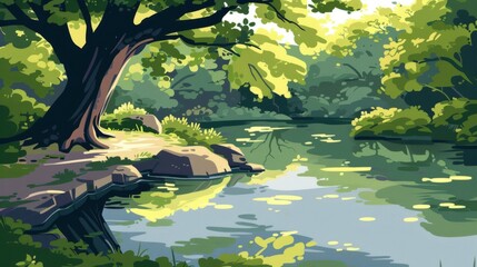An artistic interpretation of Arbor Day, showcasing a sun-dappled forest and a reflective pond, celebrating the beauty and importance of trees.