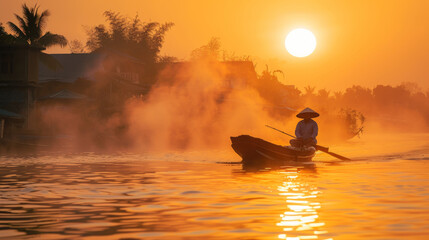 A tranquil scene with a rower silhouetted against the sunset on a misty river, reflecting the...