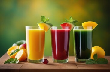 Several glasses with fruit and berry juices, colorful background, selective focus