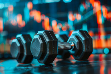 mental and physical exercise improves investment and trading performance, dumbbells on table. with stock market chart background - obrazy, fototapety, plakaty