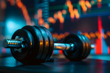 mental and physical exercise improves investment and trading performance, dumbbells on table. with stock market chart background - obrazy, fototapety, plakaty