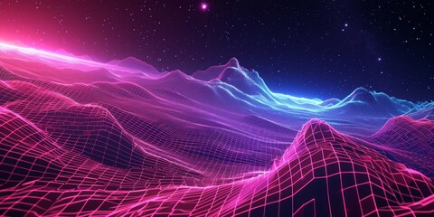 galaxy 80s synthwave styled landscape with blue grid wave