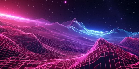 Poster galaxy 80s synthwave styled landscape with blue grid wave © YuDwi Studio