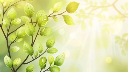 Naklejka premium A vibrant illustration showcasing close-up fresh green leaves, bathed in warm sunlight, embodying the essence of spring.