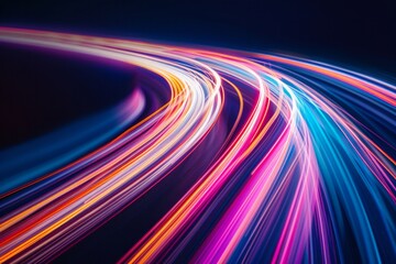 Abstract image of colorful light streaks in motion on a dark background.