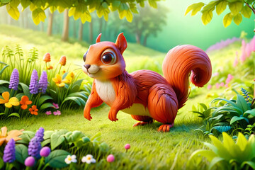 A squirrel runs through the colorful lush spring green grass - Clay