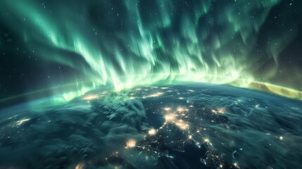 Aurora Borealis Over Earth's Night Lights from Space. - obrazy, fototapety, plakaty