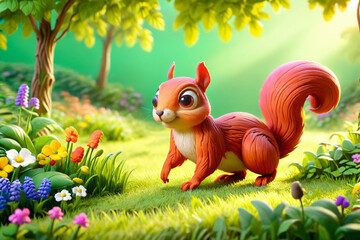 A squirrel runs through the colorful lush spring green grass - Clay
