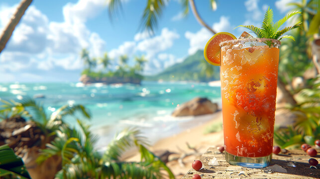glass with iced tea, fresh berries and fruits, ice. Against the backdrop of the summer heat
