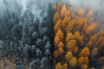 Before and after aerial view of wildfire damage in a dense forest - obrazy, fototapety, plakaty
