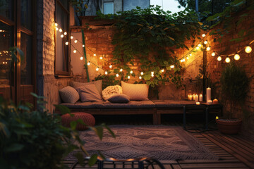 Cozy terrace with outdoor string light. Generative AI