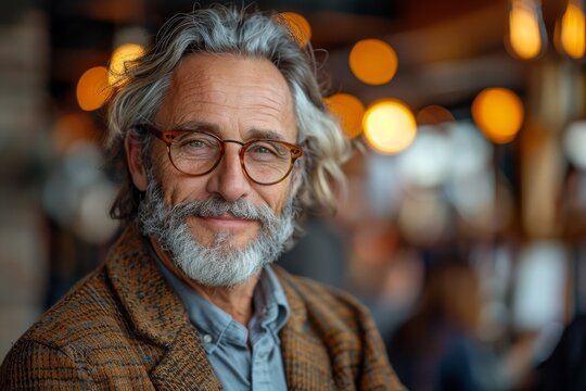 Elegant older man with gray hair and beard, wearing stylish eyeglasses smiling