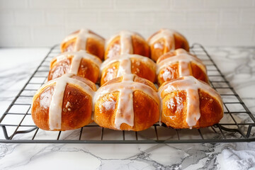 Hot cross buns arranged on a wire cooling rack. Generative AI