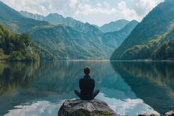 Rolgordijnen Peaceful scene of a man in meditation pose by a still mountain lake © svastix