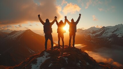 People on hiking trip. Happy family on top of beautiful mountain holding raised hands . View from Trail Ridge Road. - obrazy, fototapety, plakaty