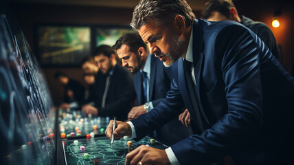 close up hand of Coach drawing a soccer football game strategy in the locker room,generative ai
