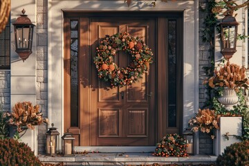 Front door adorned with an autumn wreath and matching floral arrangements.