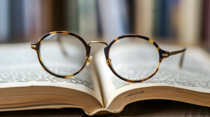 Des lunettes posées sur un livre. En arrière plan, une bibliothèque. 