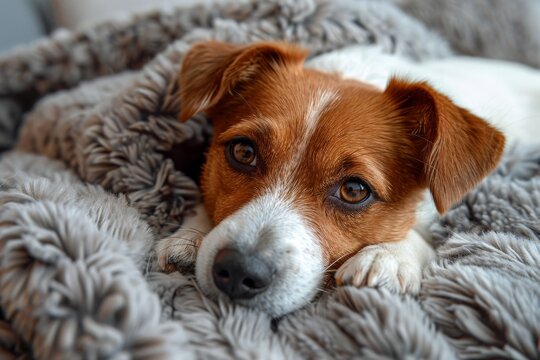 A close-up of a cozy dog snuggled in a plush blanket, radiating warmth and comfort
