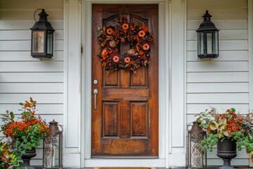 Fototapeta na wymiar Front door adorned with an autumn wreath and matching floral arrangements.