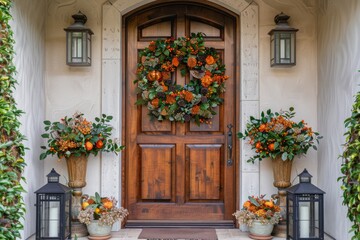 Fototapeta na wymiar Front door adorned with an autumn wreath and matching floral arrangements.