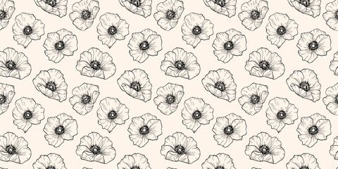 Vector botanical seamless pattern. Elegant minimal black and white floral background. Monochrome ornament with simple outline flower silhouettes, poppies. Repeated design for decor, wallpaper, print