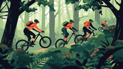 illustration Adventurous off-road bikers navigating through a dense forest trail, reflecting the thrill of off-road biking