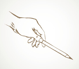 Hand points with a pencil. Vector drawing