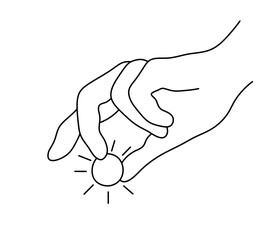 Vector isolated hand holding little sun with fingers colorless black and white contour line easy drawing