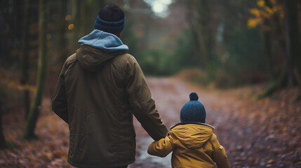 Un père et son fils en train de marcher dans une forêt.
