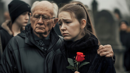 Une fille avec une fleur dans la main et son père tristes lors d'un enterrement.