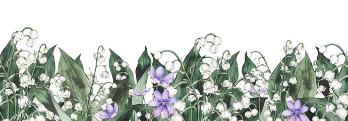 Watercolor seamless banner with spring lilies of the valley and scilla. Watercolor spring primrose flower in border. Decorative element for greeting card. hand drawn illustration on isolated © Ekatmart