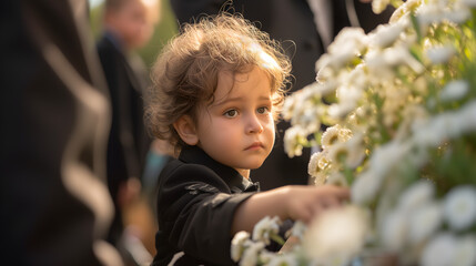 Un petit garçon mettant une fleur pour l'enterrement. 