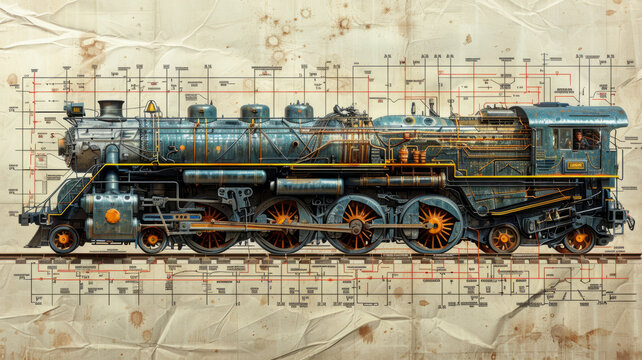 a construction blueprint in an exploded schematic style depicting instructions how to create the antique steam locomotive,generative ai