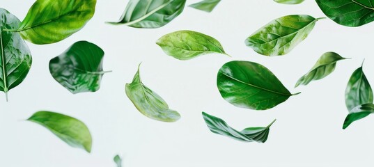 green leaves flying in the air over white background Generative AI