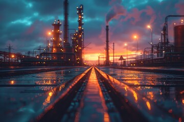 Glistening railway tracks lead the eye towards a lit up industrial refinery against a twilight sky