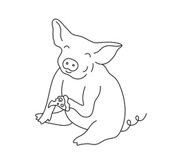 Vector isolated one single cute cartoon funny pig eat pizza colorless black and white contour line easy drawing