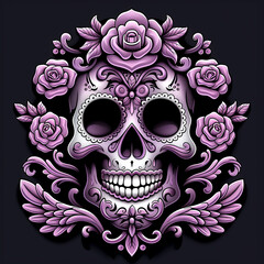 Skull and roses. Traditional symbols of the day of death. Traditions of Mexico. Illustration for clothing design, cards, banners, advertising booklets